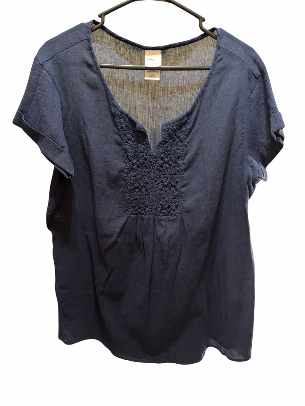 Just My Size Navy Short Sleeve Top with Crochet Bib